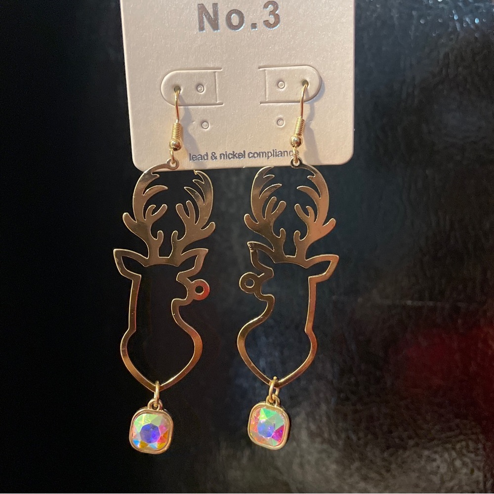 Christmas Gold Reindeer Head Dangling Earrings with Aurora Borealis drop